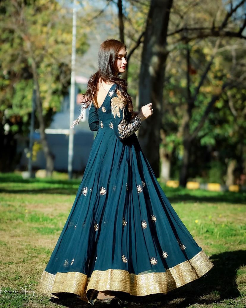 Party Wear Peacock Blue Sequence Work Faux Georgette Gown
