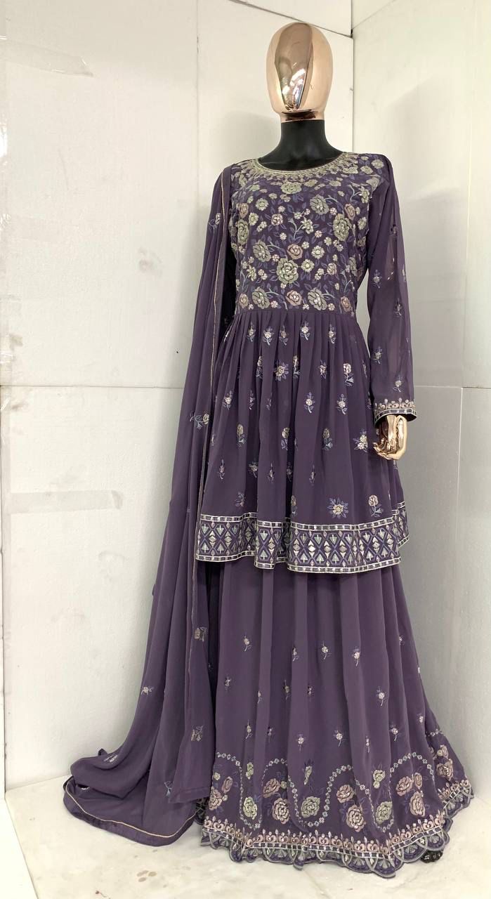 Purple Georgette Long Top with lehenga and dupatta set