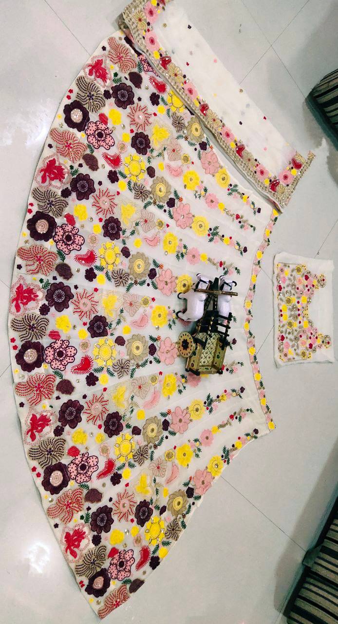 Cream Color Full Embroidery Work Lehenga with Cancan