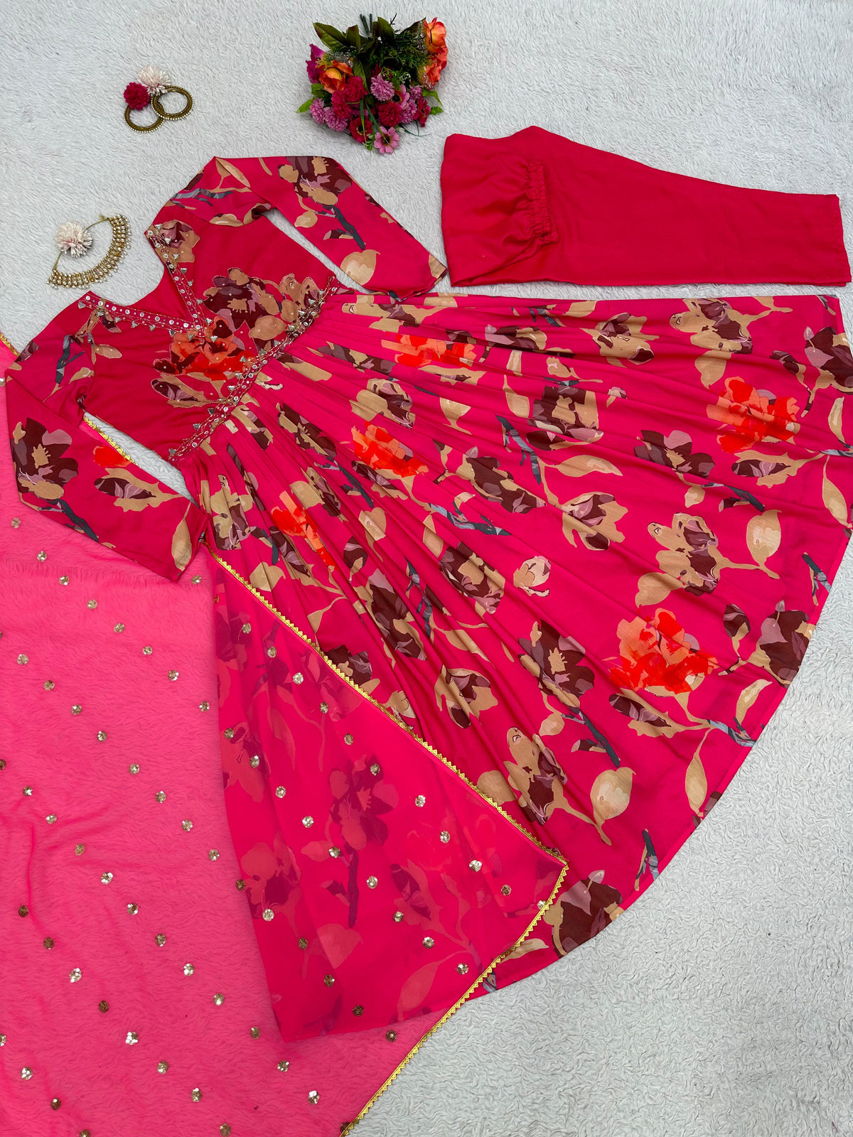 Rani Color Digital Printed Hand Work Women Kurta and Pant set with Dupatta