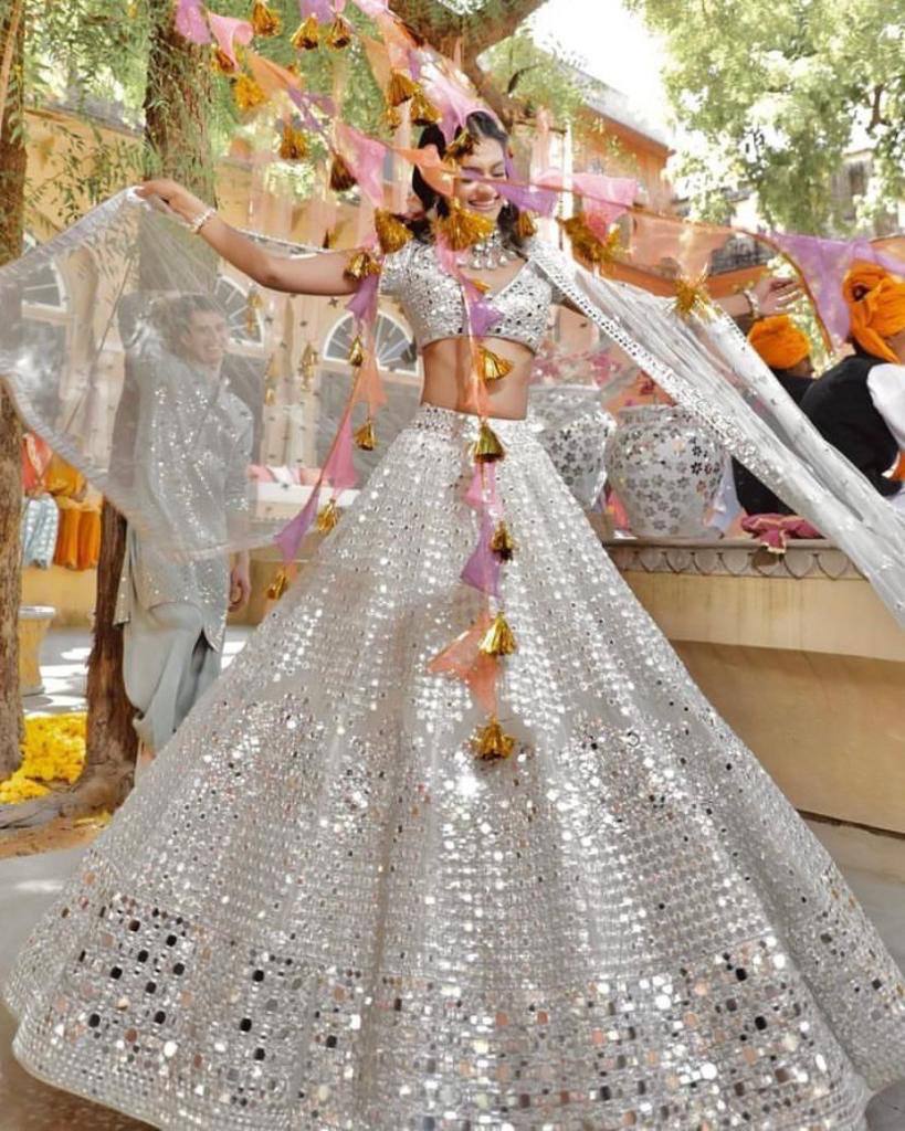 Real Mirror 2 Kali around 3 Meter Soft Mono Embroidered work Lehenga with Cancan