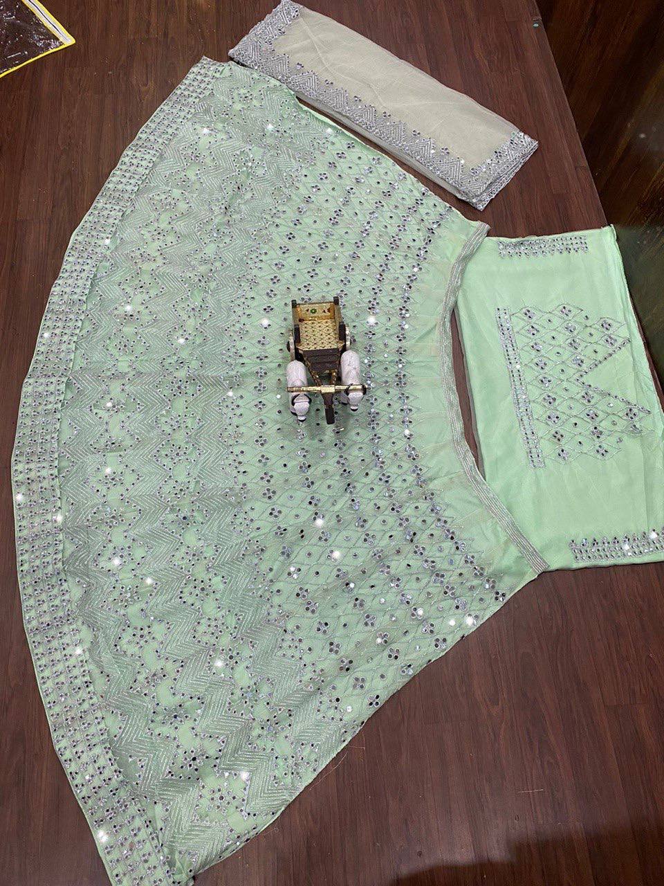 Mono Net Embroidered Real Mirror work 3 meter flare Lehenga with Cancan