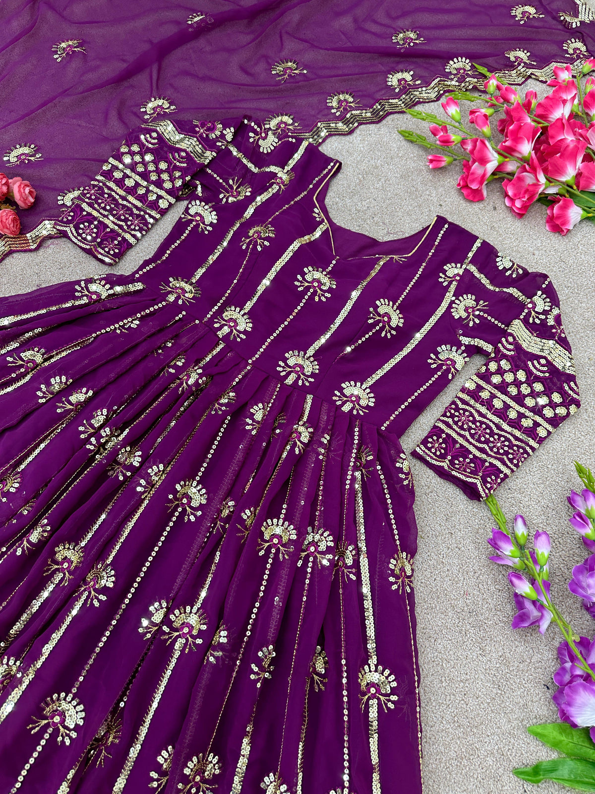 Wine Long Top Lehenga Dupatta Set for women