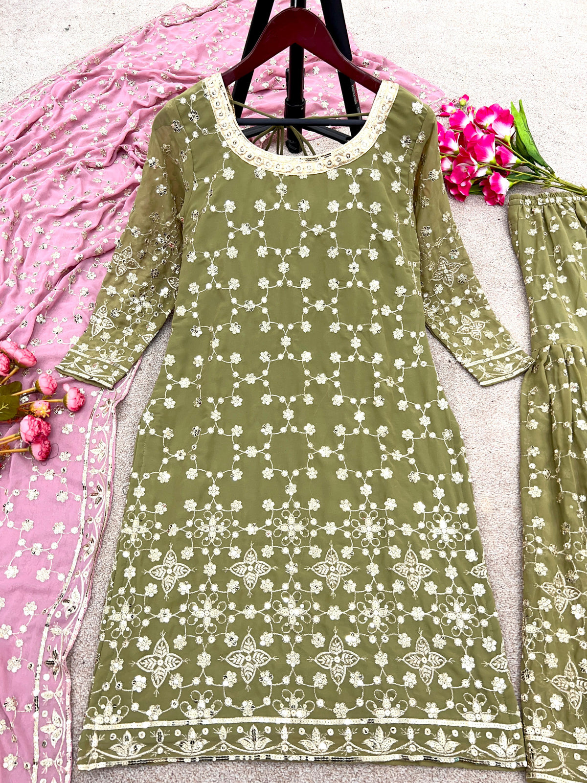 Green Georgette Sharara Suits Traditional Ethnic Dress for ladies