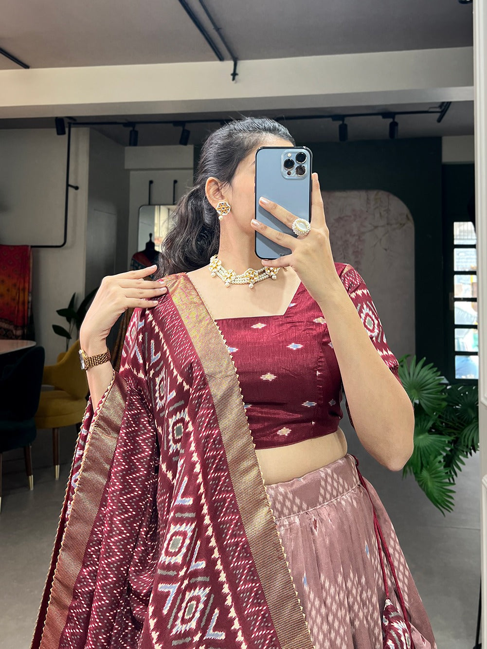 Stitched Tusser Silk Ikkat Printed Party Wear Lehenga Choli