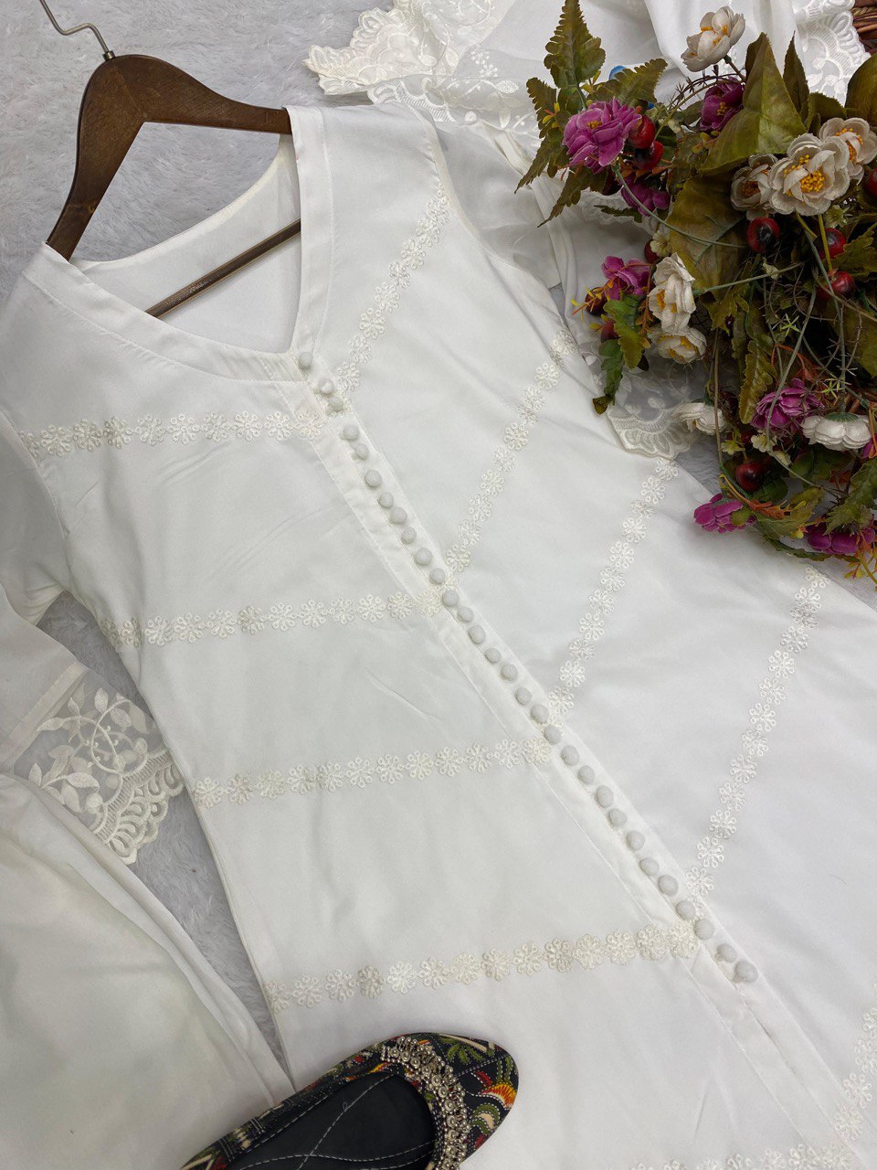 Designer Wear White Trending Cotton Thread Embroidered Work Top And Work Pent With Dupatta