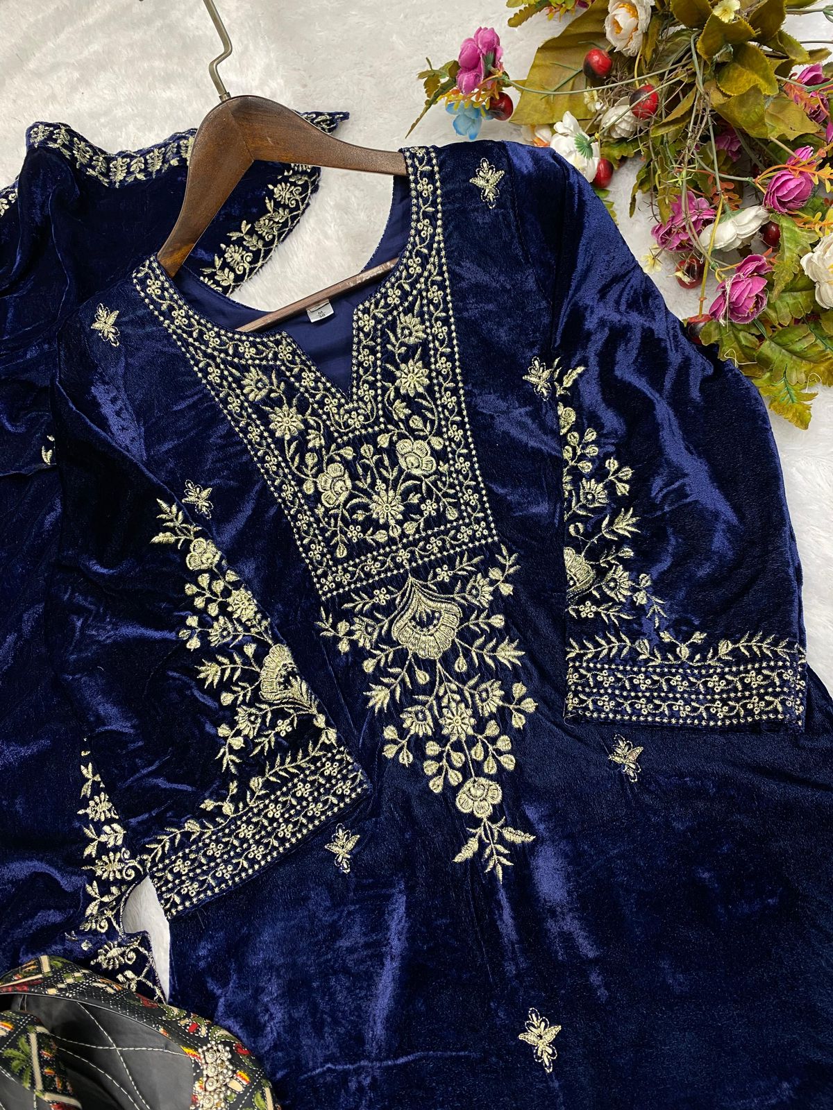 Blue Color Velvet Stitched Top Salwar Dupatta Plazo Suit Set