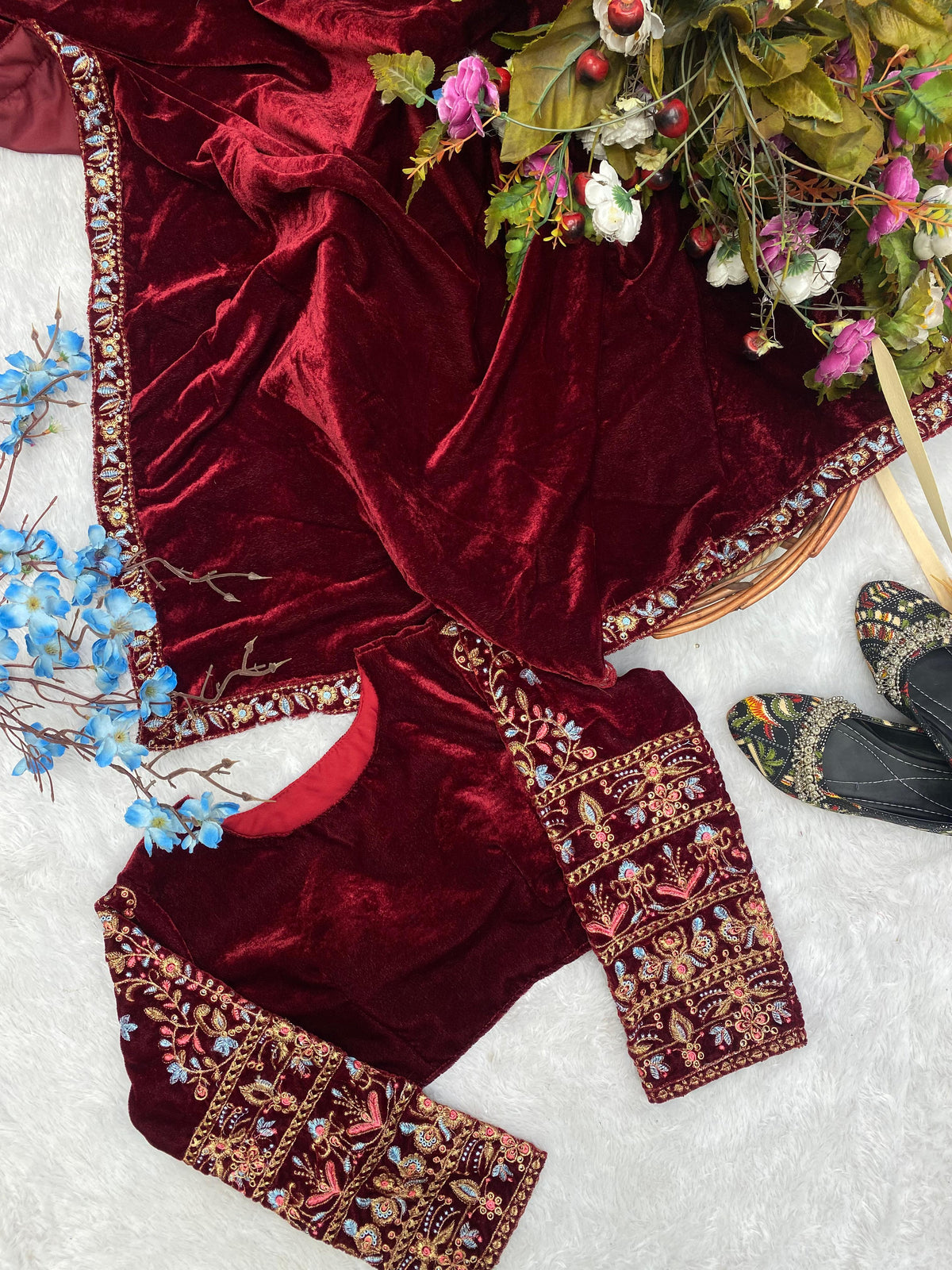 Maroon Velvet Saree for wedding