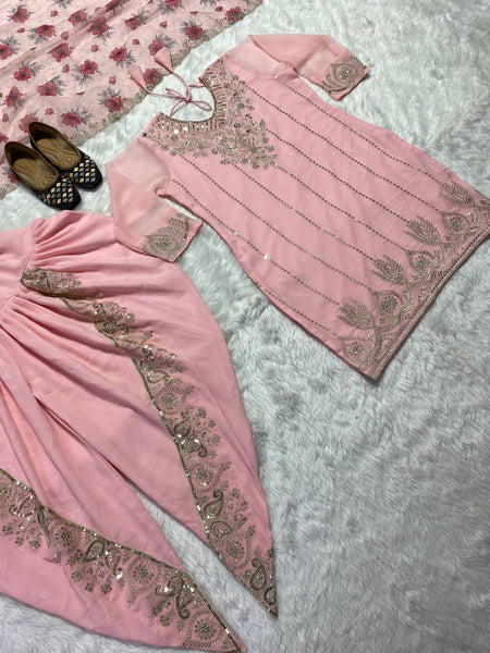 Light Pink Sequence Embroidery Dhoti Style Salwar Suit set For Women