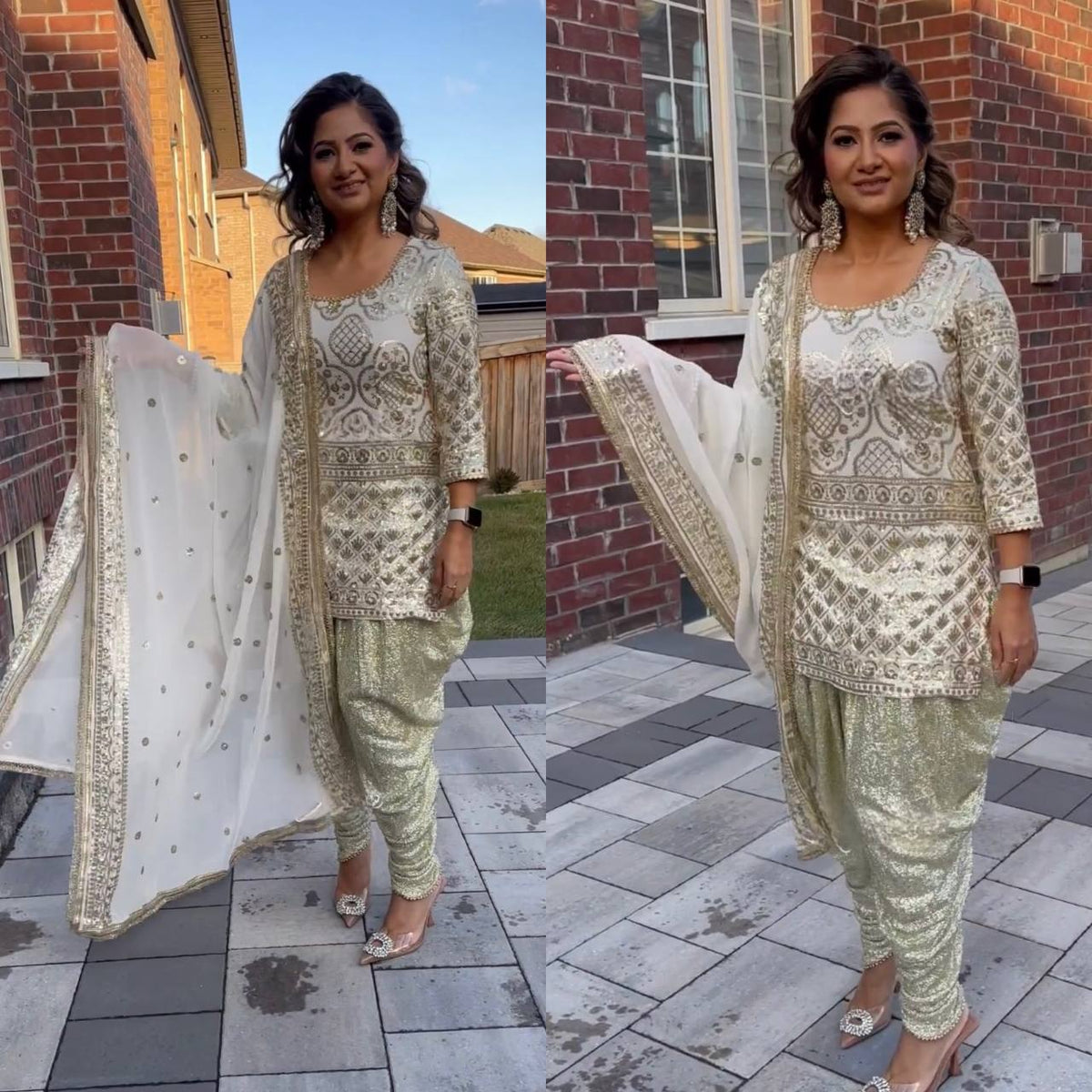 Cream Designer Party Wear Look Top Dhoti Salwar and Dupatta