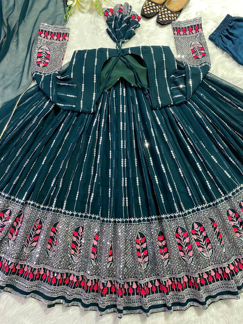Green Long Gown Semi cotton with full embroidery work