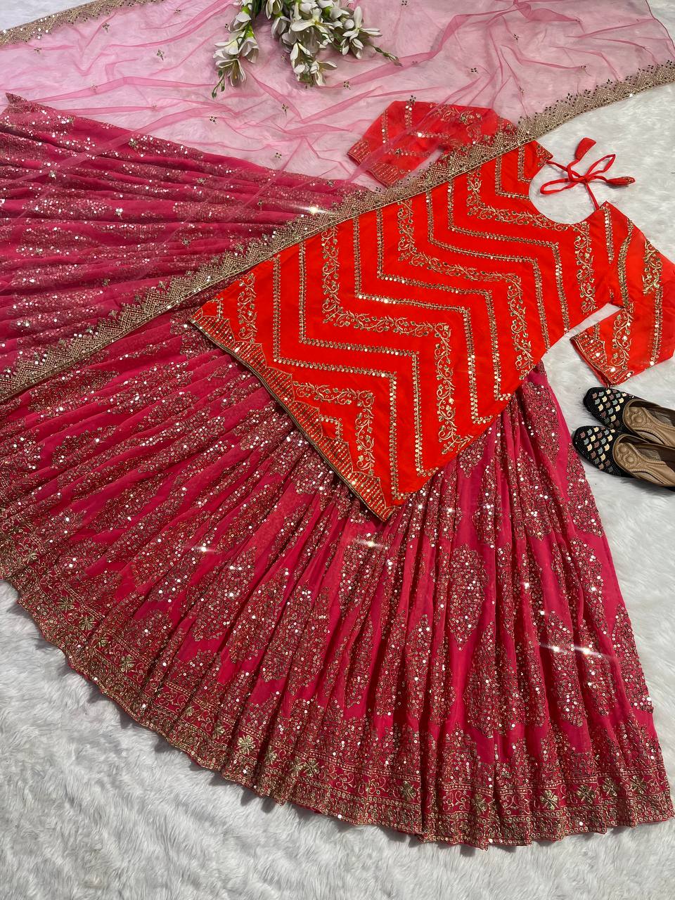 Red Long Top Embroidery Lehenga Choli for women