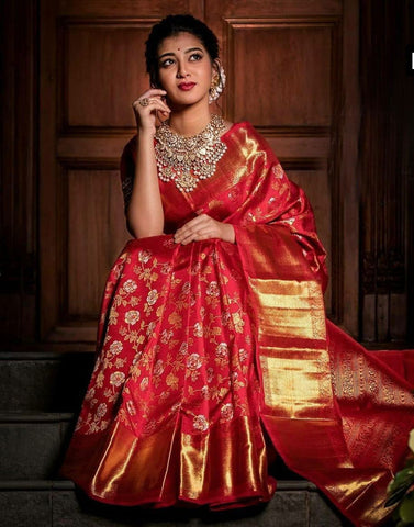 Red Kanjivaram Lichi Silk Saree with blouse