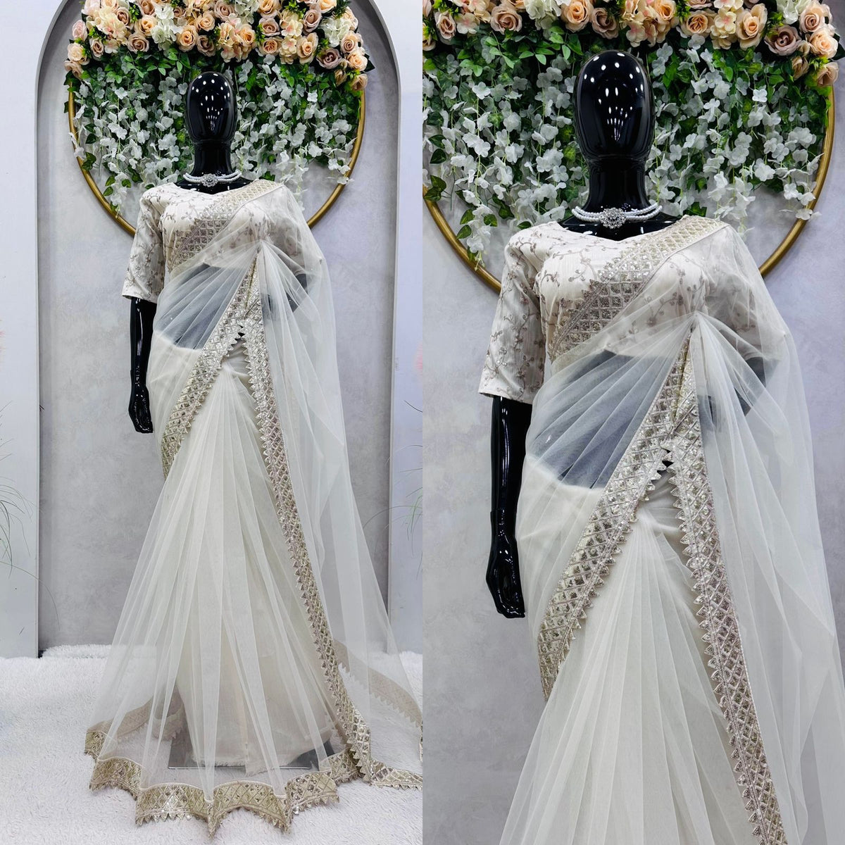 Soft Net Party Wear Cream Color Saree For women