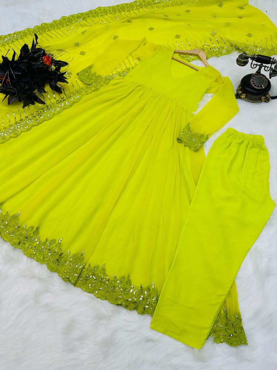 Parrot Green Color Georgette Anarkali Top Pent Dupatta Set