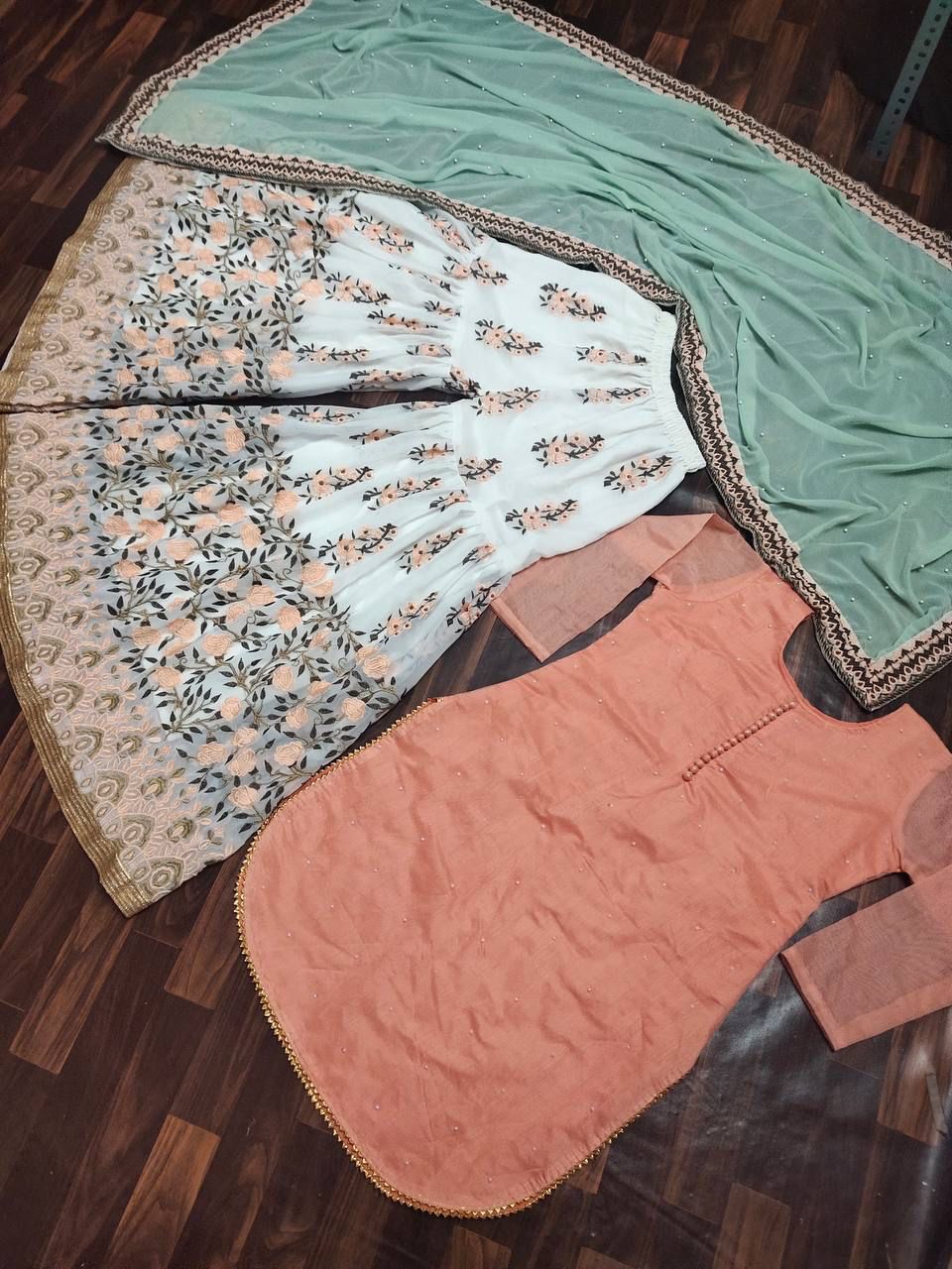 Peach Color Kurti Plazo Punjabi Suit Dupatta Set For Women