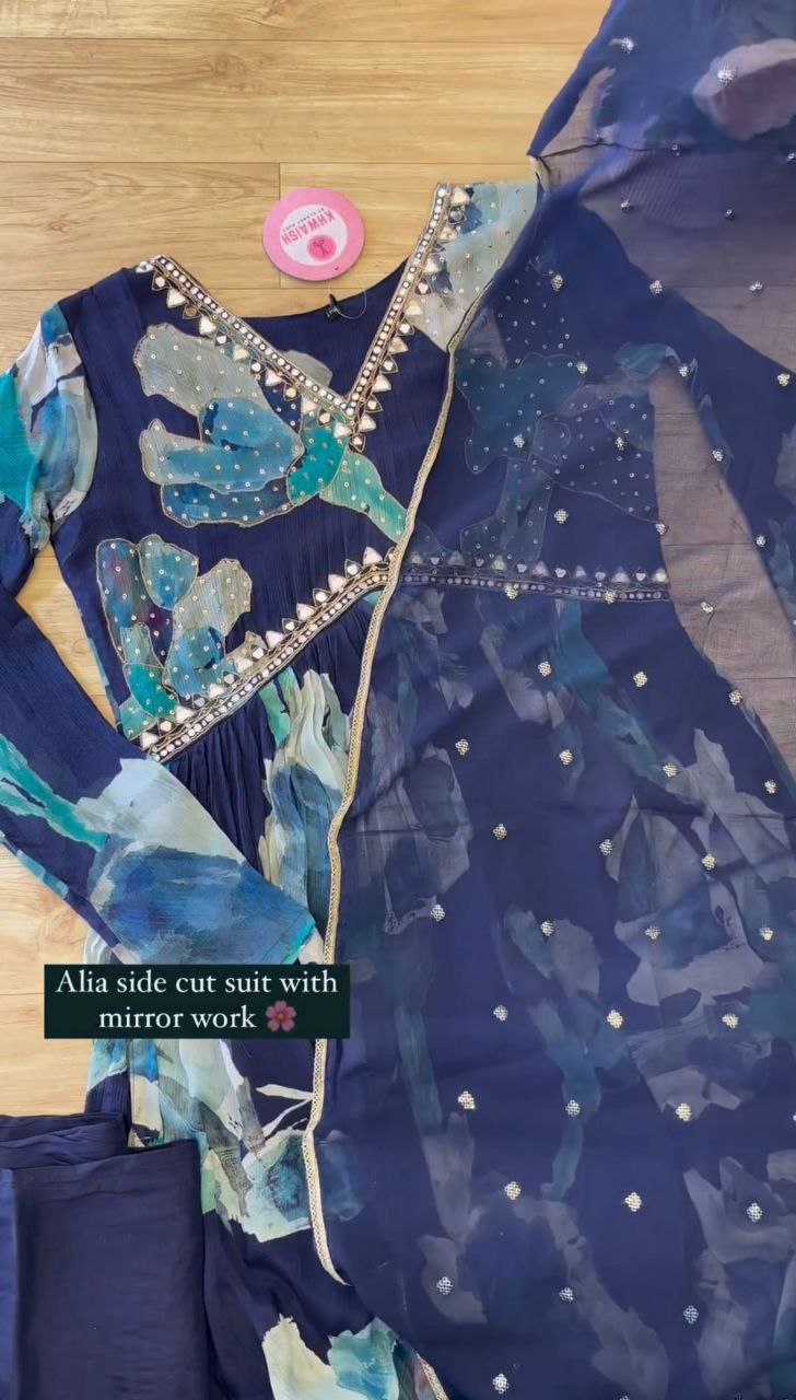 Blue Color Mirror Work Top Pent Dupatta Suit For Women