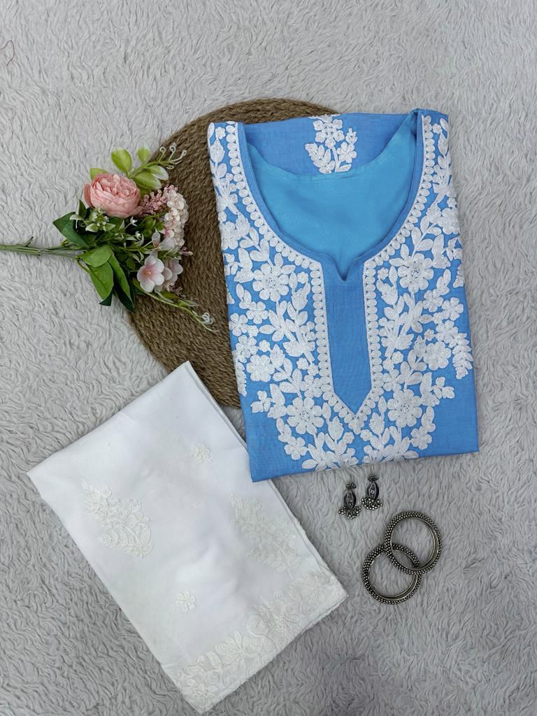 Skyblue Top Pent Stitched Embroidery Set