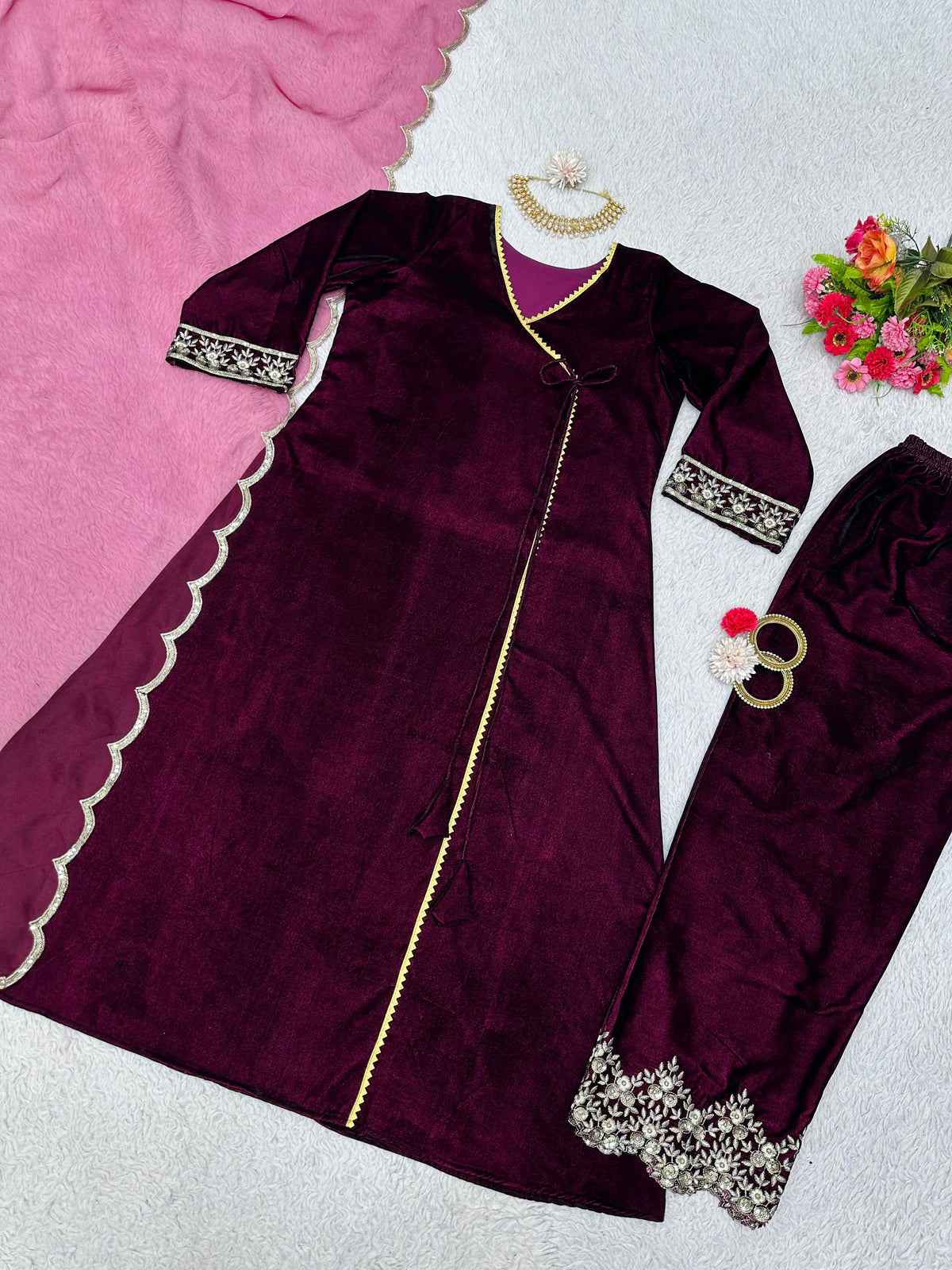 Beautiful Wine Party Wear Kurti Plazo Suit Dupatta Set For women