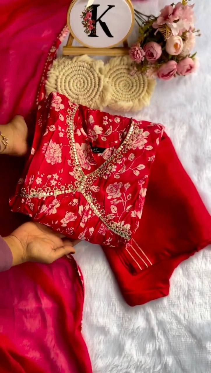 Novelty Red Color Muslin Silk Digital Printed Hand Work Anarkali Salwar Suit