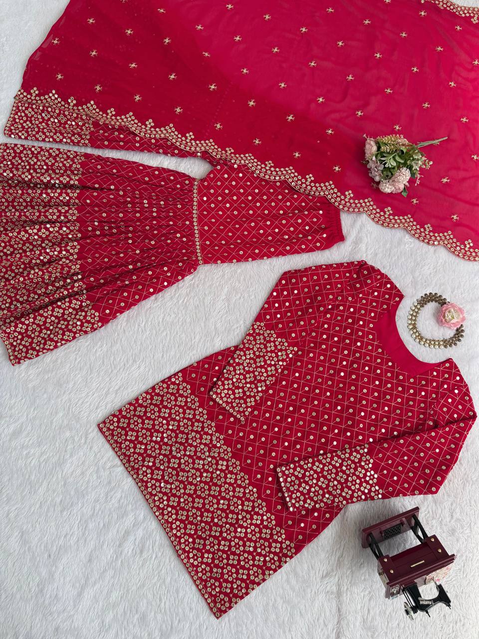 Red Color Georgette Thread Work Sharara Suit