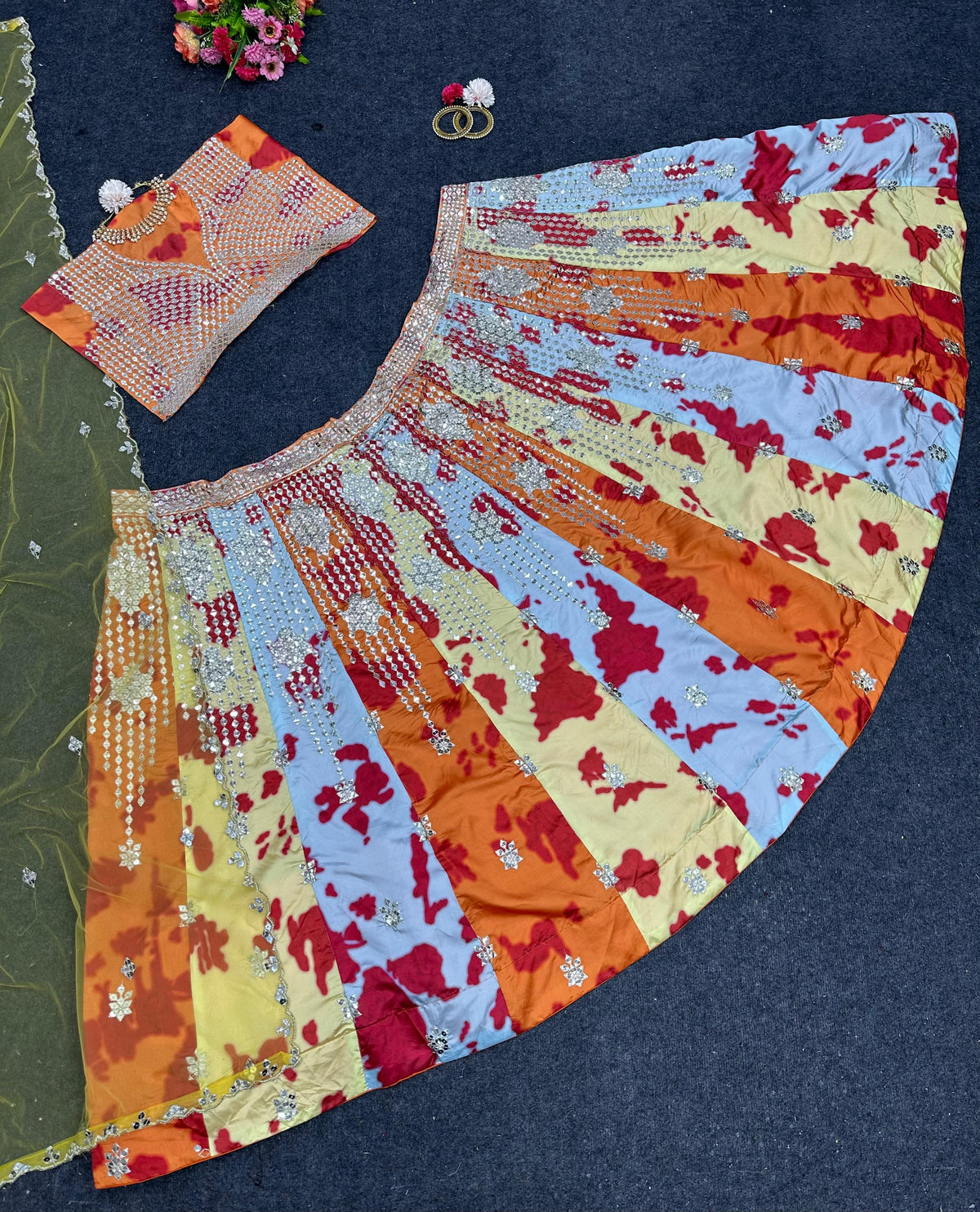 Multi color Taffeta Silk Choli Lehenga with Dupatta for women