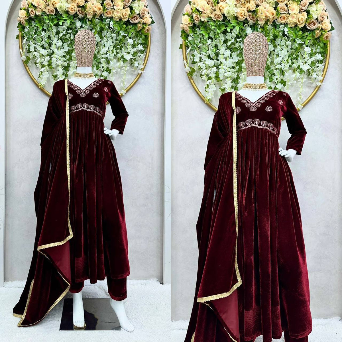Elegant Maroon Color Velvet Thread Work Full Stitched Gown Pent With Duppatta