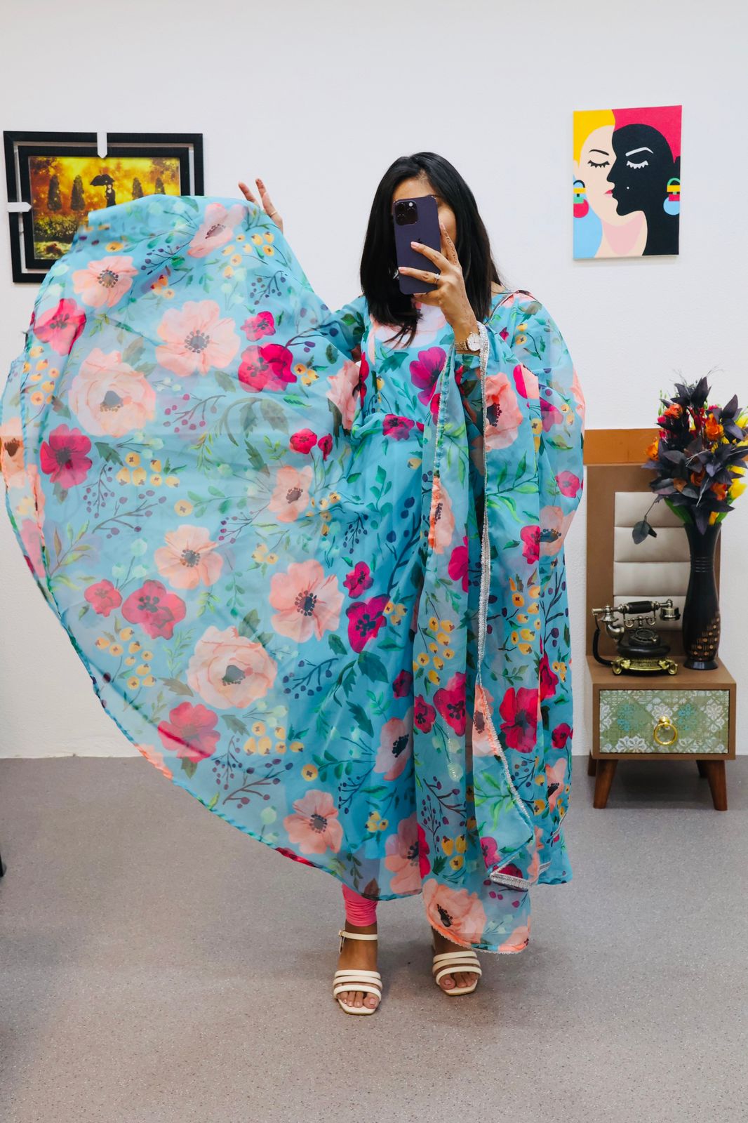 Blue Color Printed Organza Silk Anarkali Long Gown
