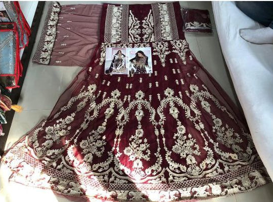 Wedding Wear Maroon Color Net Anarkali Embroidered Work Salwar Suit