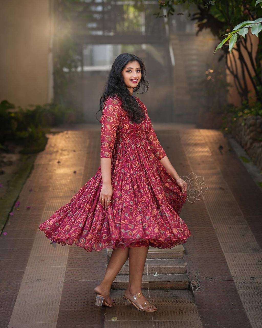 Maroon Color Georgette Ready Made Printed Gown For Women