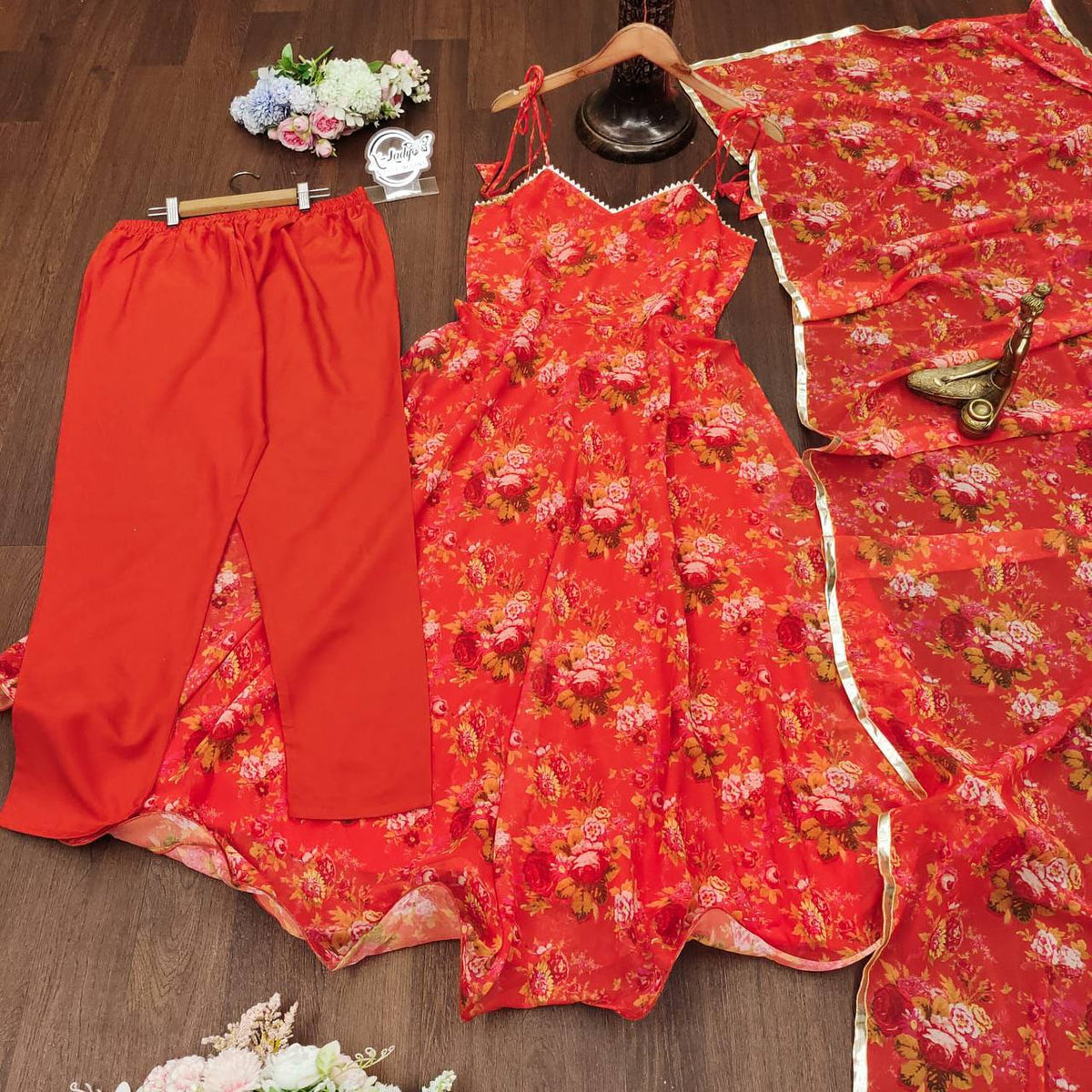 Pretty Red Color Ready Made Flower Printed Georgette Salwar Suit