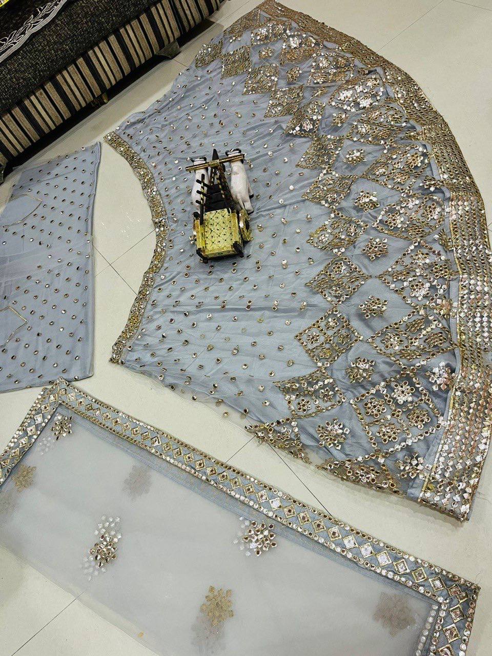 Embroidered Foil Mirror Work Soft Mono Net Lehenga