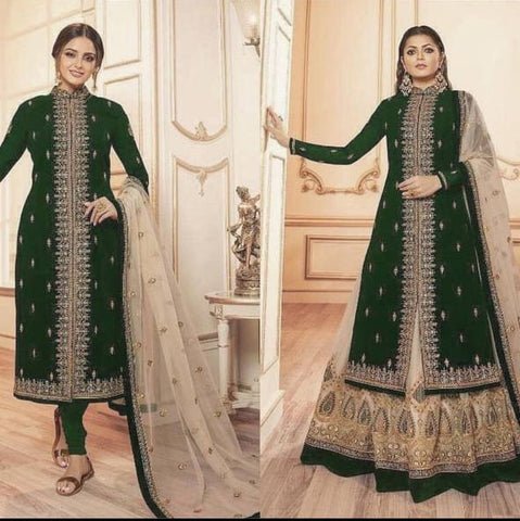 Party Wear Green Color Georgette Embroidered Work Indo Western Suit
