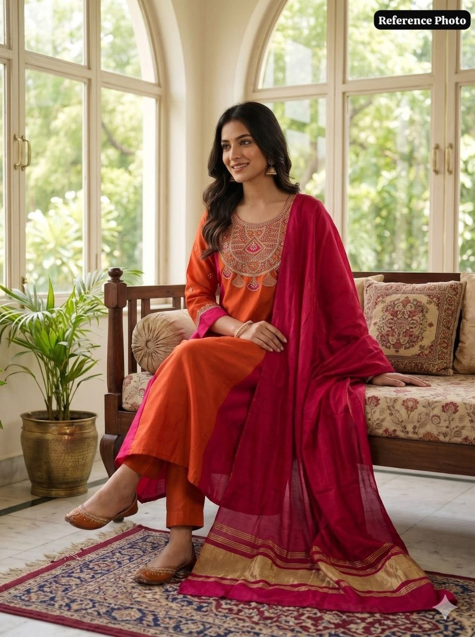 Rust kurta set seated lifestyle view