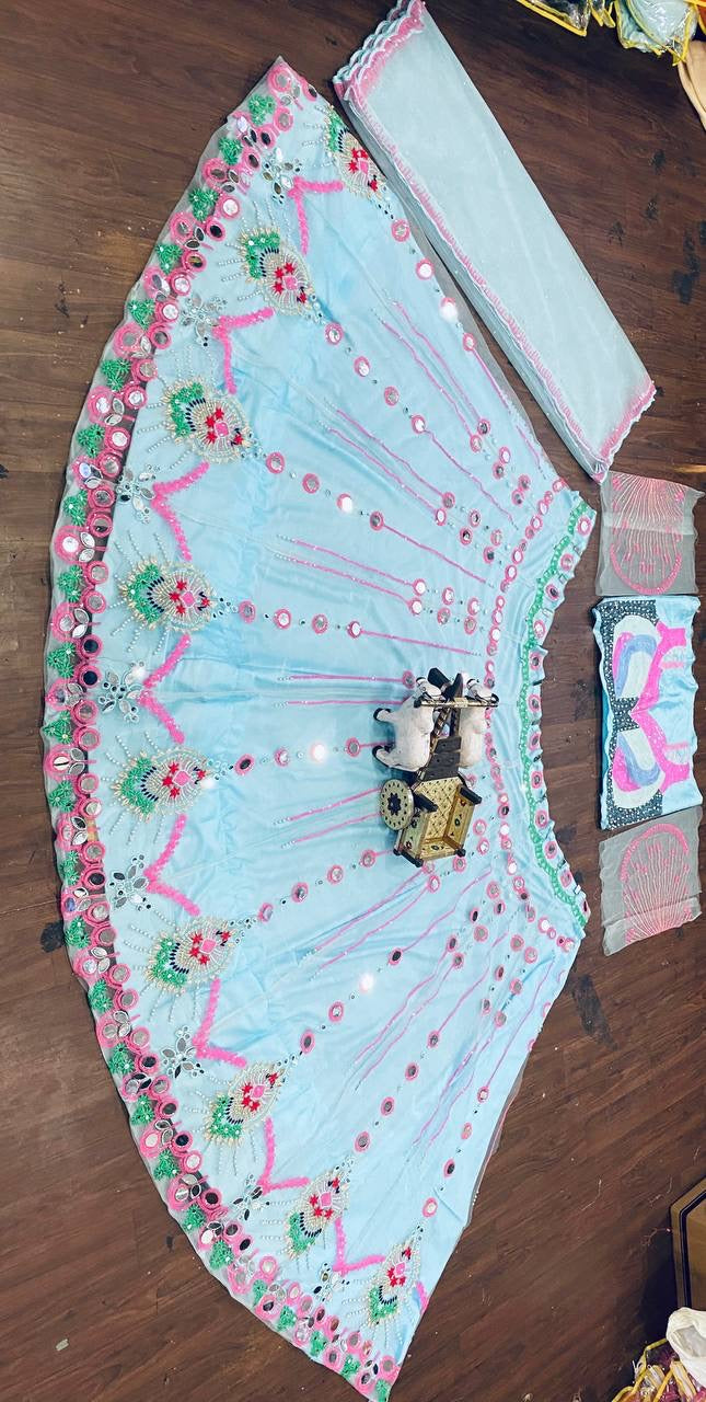 Designer Soft Butterfly Net Lehenga Choli with Real Mirror and Pearl Work - 3.5M Flare and Cancan