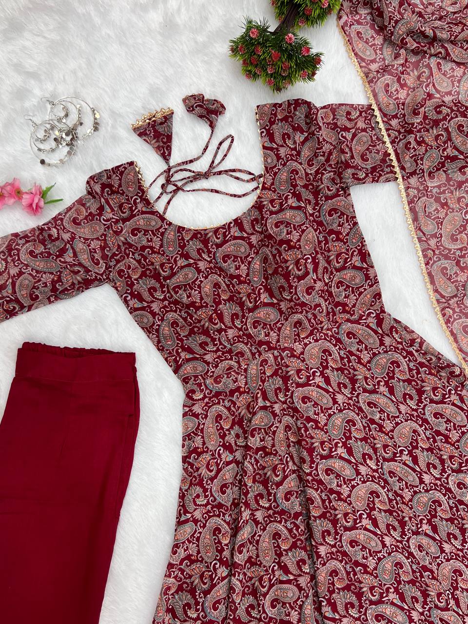 Soft Fox Georgette Kalamkari Print Fabric Fully Flair Anarkal suit set