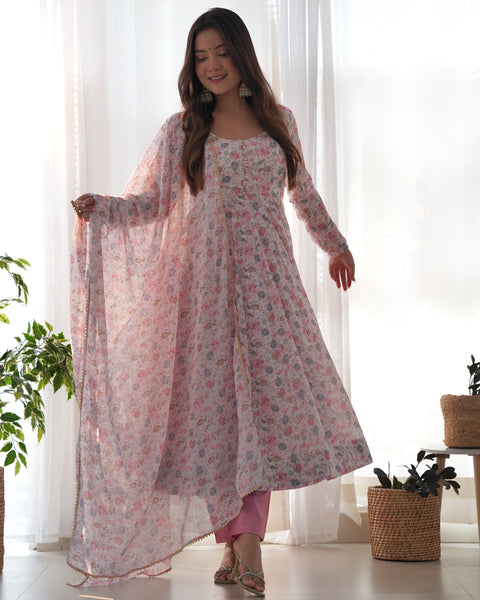Dazzling Organza Chiffon Floral Printed Anarkali Ready Made Salwar Suit
