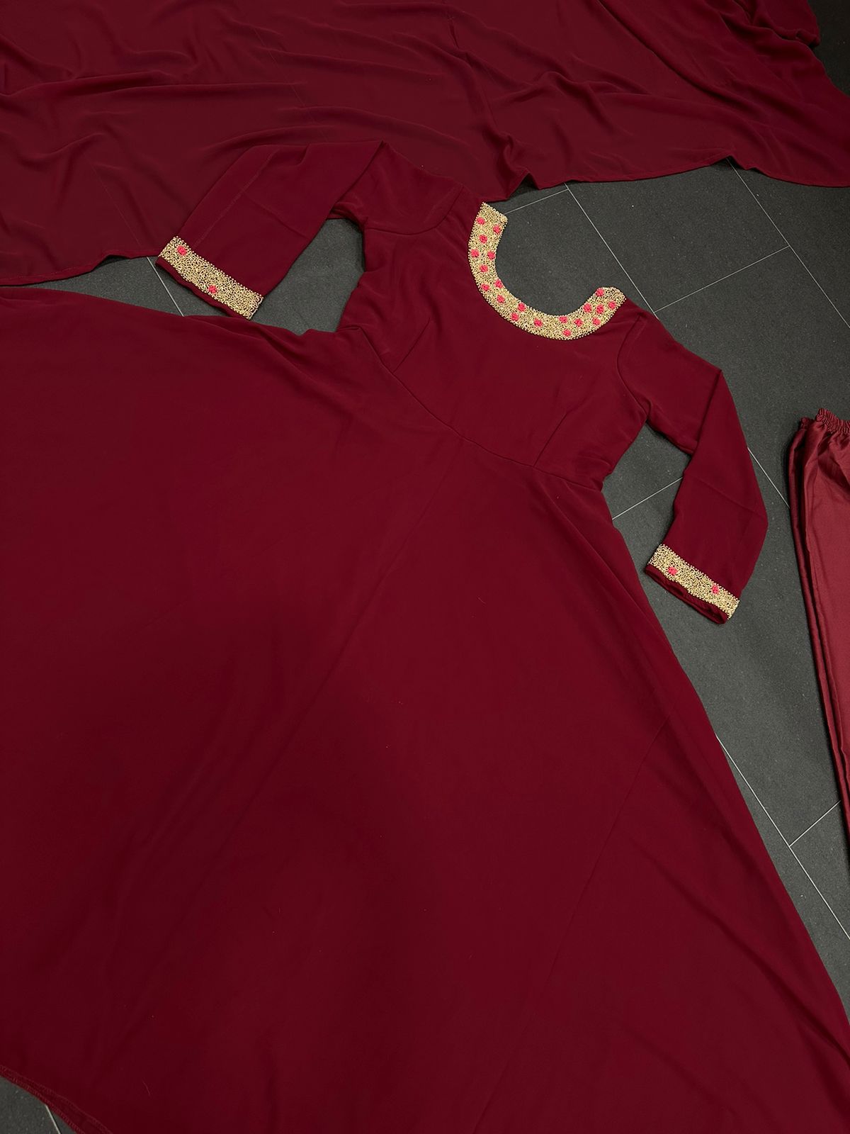 Latest Embroidery Georgette Maroon Color Suit Pend Dupatta