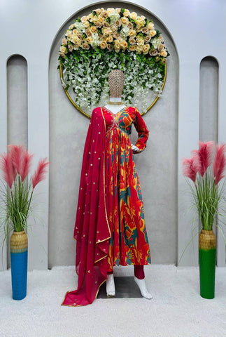 Elegant Digital Printed Hand Work Muslin Anarkali Salwar Suit
