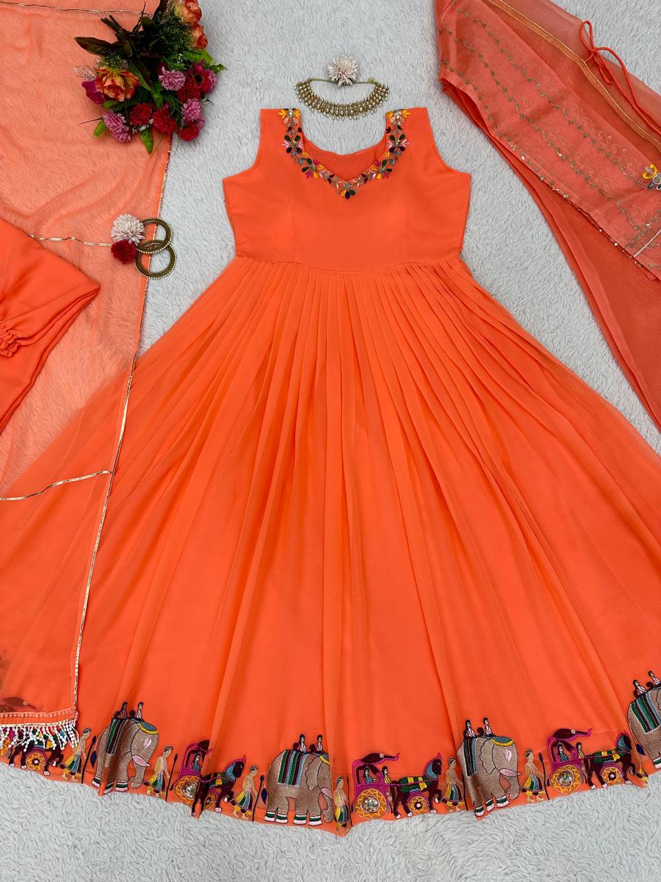 Elegant Orange Color Ready Made Sequene Work Shrug Salwar Suit