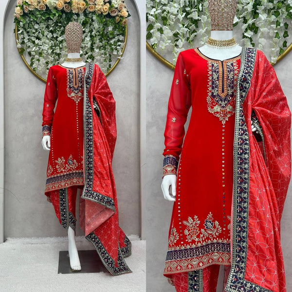 Pretty Red Color Georgette Sequence Work Ready Made Dhoti Salwar Suit