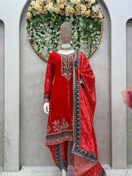 Pretty Red Color Georgette Sequence Work Ready Made Dhoti Salwar Suit