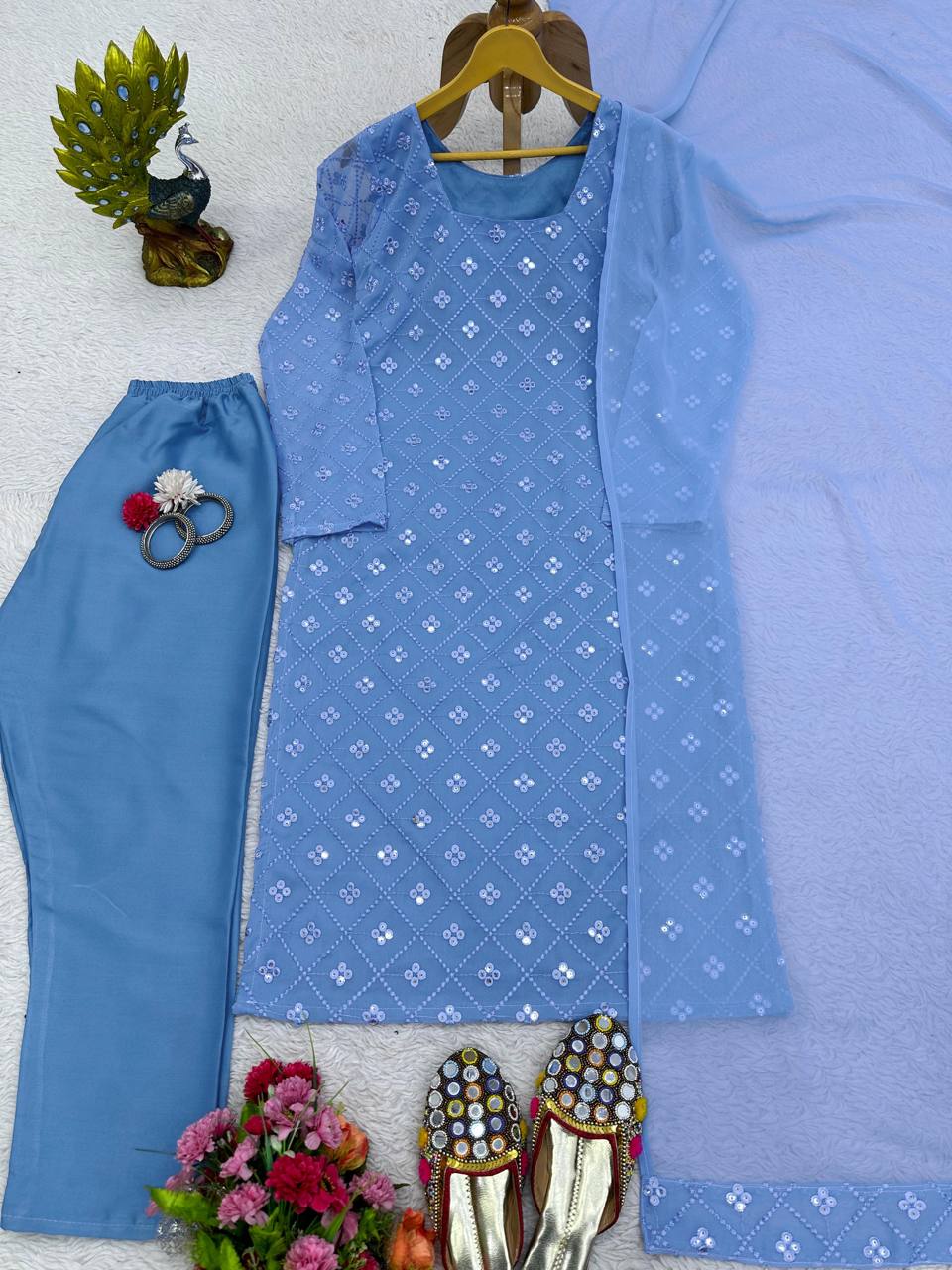 Wonderful Sky Blue Color Ready Made Georgette Sequence Work Salwar Suit