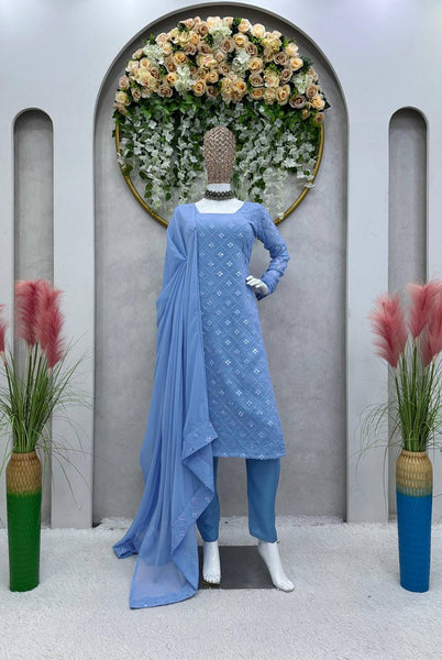 Wonderful Sky Blue Color Ready Made Georgette Sequence Work Salwar Suit