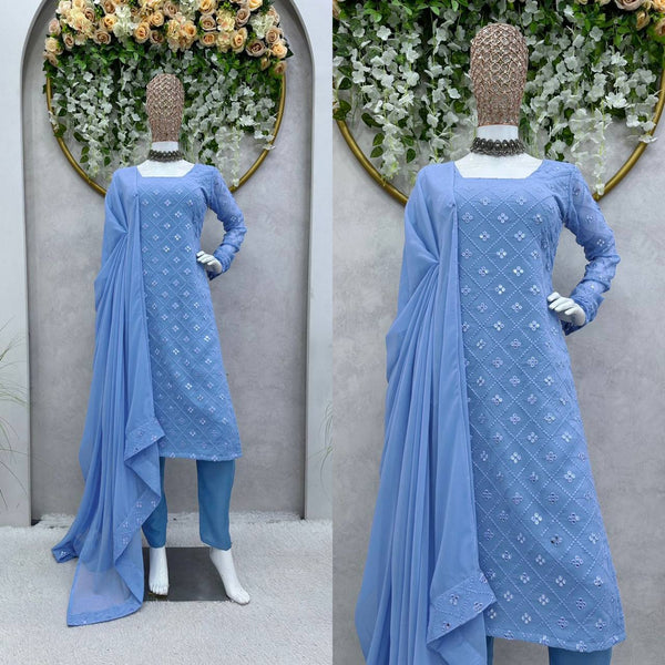 Wonderful Sky Blue Color Ready Made Georgette Sequence Work Salwar Suit