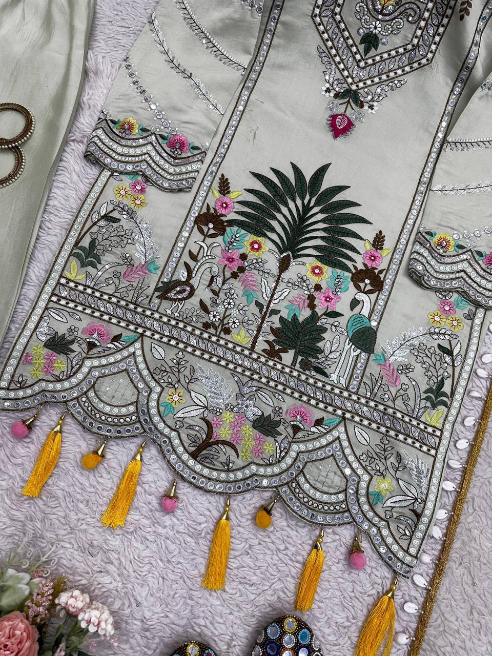 Grey Color Muslin Thread Sequence Work Salwar Suit