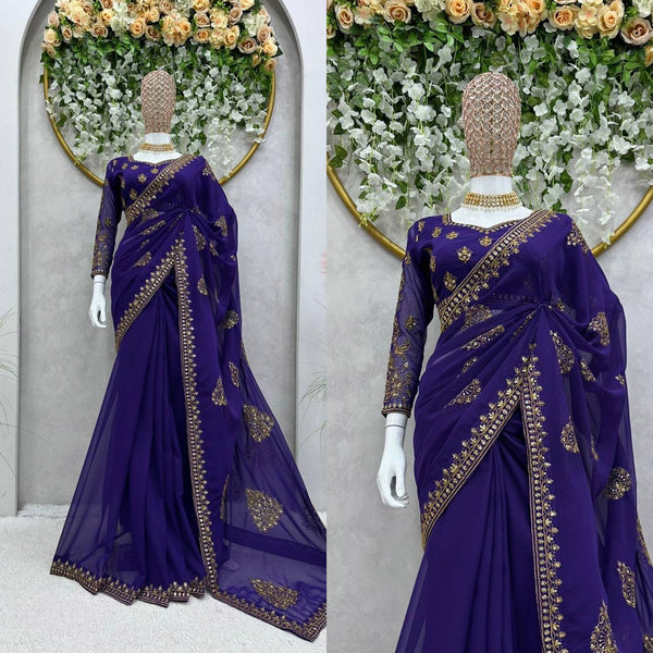 Classic Violet Color Georgette Sequence Thread Work Saree Blouse