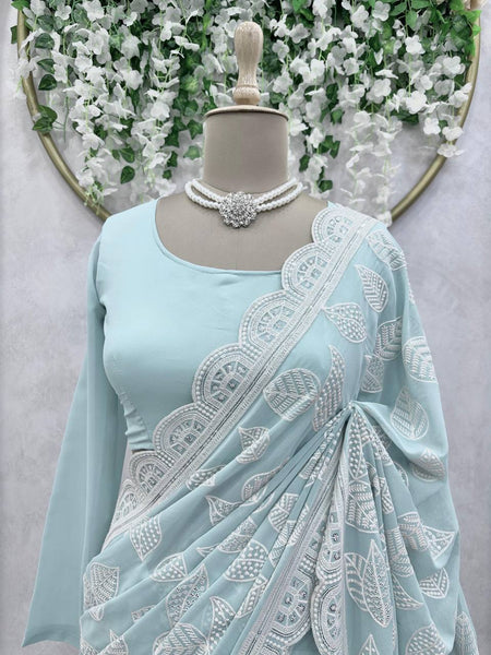 Sky Blue Color Georgette Sequence Thread Work Party Wear Saree Blouse