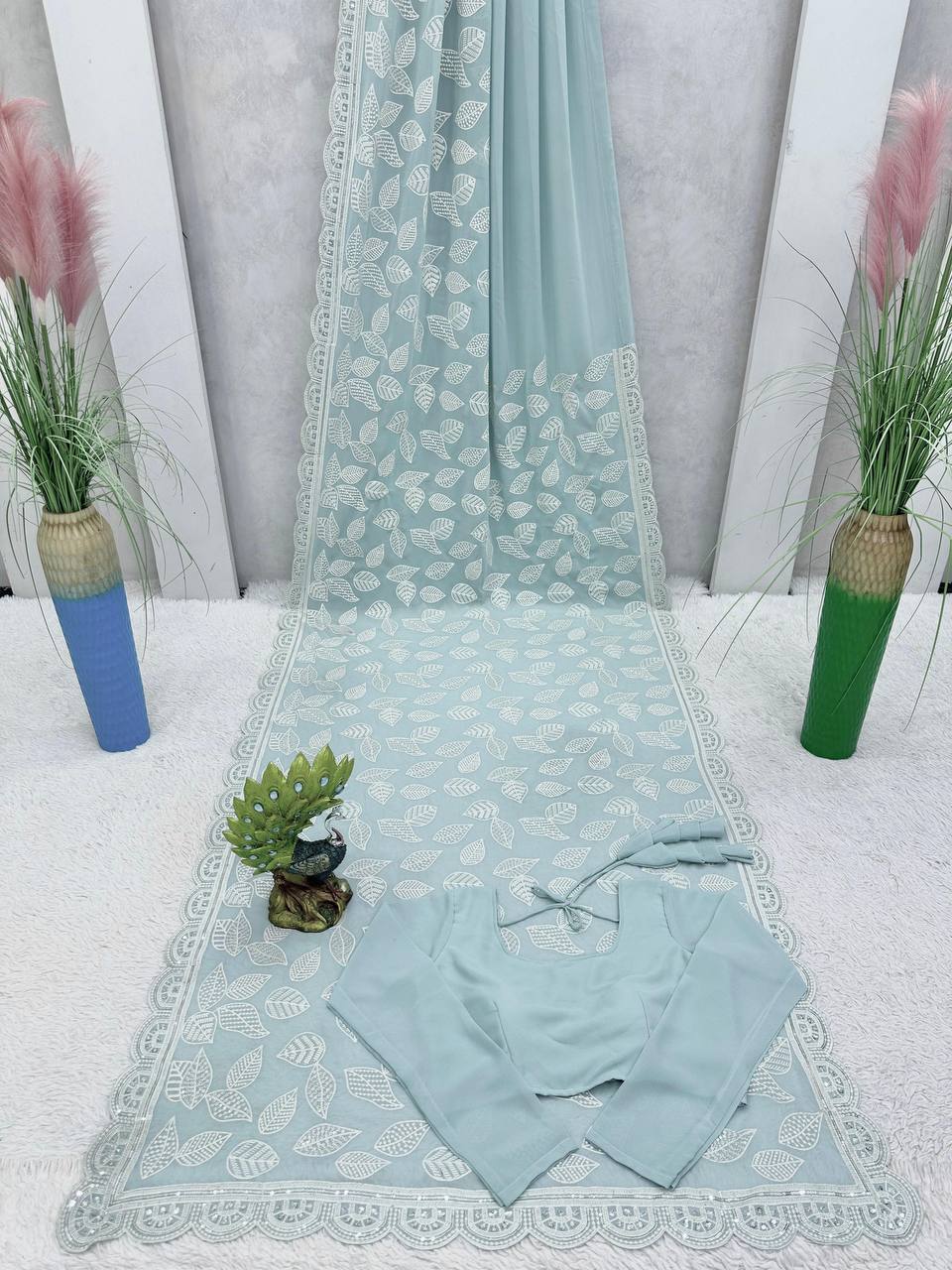 Sky Blue Color Georgette Sequence Thread Work Party Wear Saree Blouse