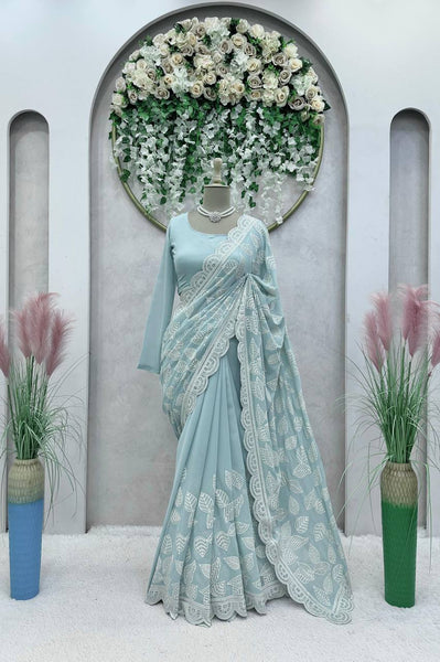 Sky Blue Color Georgette Sequence Thread Work Party Wear Saree Blouse